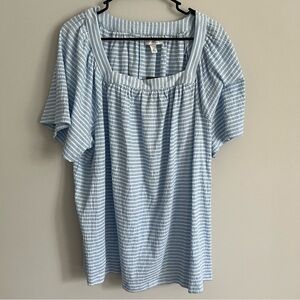 NWT Kim Rogers Blue and White Striped Square Neckline Summer Blouse